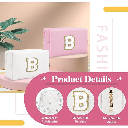 Small Personalized Initial A-Z Preppy Patch Makeup Bag,White PU Chenille Letter Travel Cosmetic Pouch with Zipper,Cute Toiletry Bag,Gift Ideal for Teen Girls Women Teacher Bridesmaid,Letter B