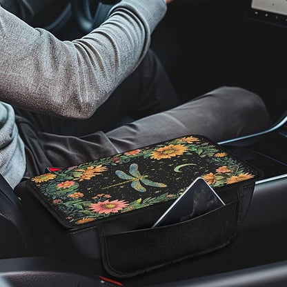 BIGCARJOB Art Dragonfly Print Armrest Pad with Pocket Universal Car Armrest Cover Center Console Pads Flower Dragonfly Print Car Armrest Storage Box Car Interior Accessories for Most Vehicles