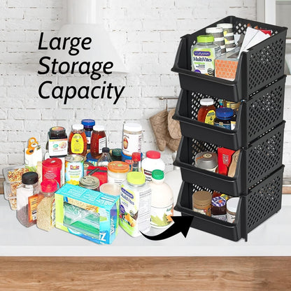 TidyFriend Stackable Storage Bins for Pantry Organizers and Storage 4 Pack, Pantry Storage for Food, Kitchen and Home Organization (Black)