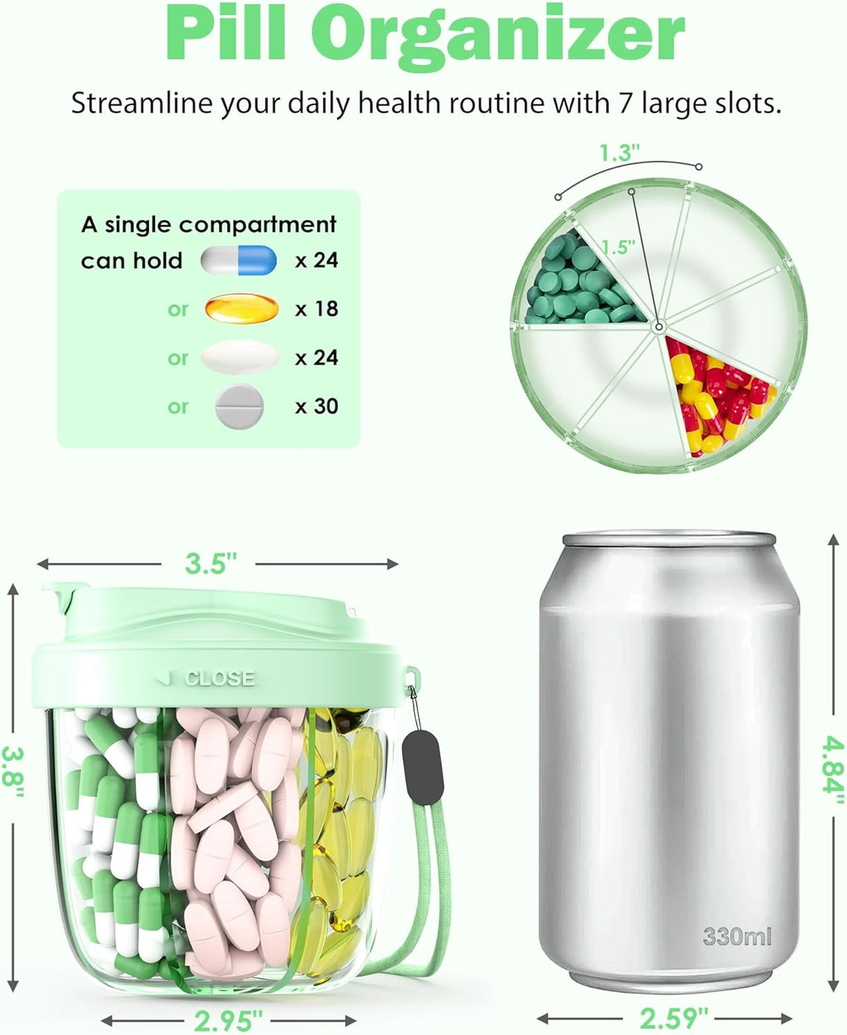 Cute Pill Organizer,Pill Dispenser with 7 Large Compartments,Portable Pill Bottle Box with Wide Opening for Easy Use, Anti-Mix Pills Organizer for Travel,Includes 20 Pcs Sticky Labels（Green）