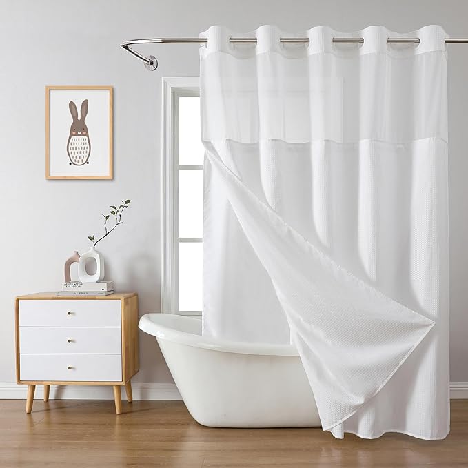eachope White No Hook Waffle Weave Shower Curtain with snap-in Liner Replacement, 230GSM Waterproof Fabric Hotel Shower Curtain Set for Bathroom, Through Mesh Top Window,71Wx92H