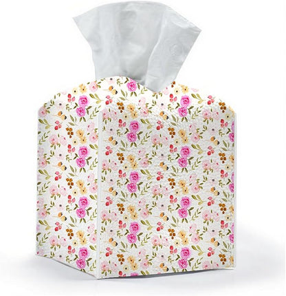 Tissue Box Cover, Tissue Box Holder, Square with Belt Bottom, PU Leather Decorative Organizer for Desk, Table, Countertop Bathroom, Toilet Car, Office, Dresser Bedside, Aesthetic Flowers Fruits Decor