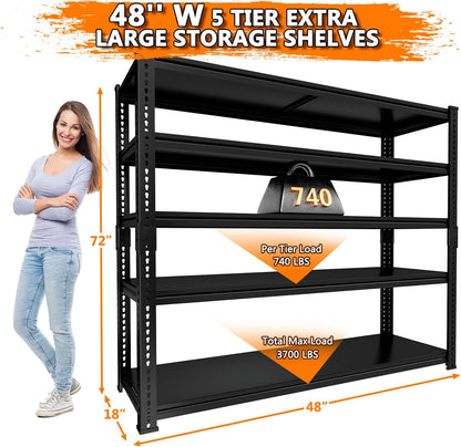 Storage Shelves Heavy Duty, 48"L x 18"W x 72"H Garage Storage Shelves Unit Loads 3700LBS, 5-tier Adjustable Metal Industrial Utility Shelf Rack for Kitchen, Laundry Room, Pantry, Warehouse, Basement