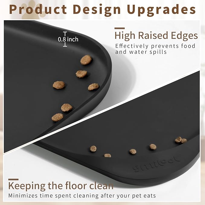 Smilool Silicone Pet Food Mat with Raised Edge for Food and Water Bowl, Dog Feeding Mats, Cat Food Trays for Floor Waterproof, Rubber Tray for Dogs and Cats, 24 x 16 x 0.8 Black