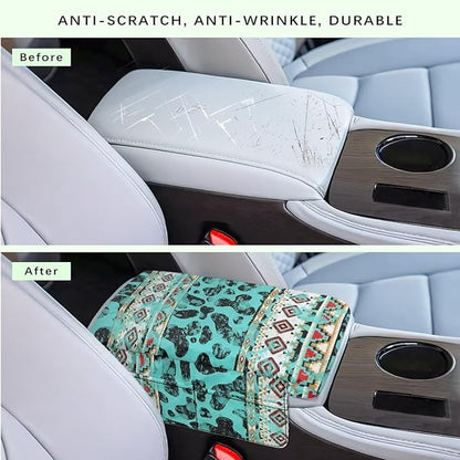 Wanyint Aztec Cow Print Teal Auto Center Console Armrest Cover Arm Rest Seat Box Protective Cover with Side Storage Pockets Comfortable Middle Console Pad for Car Side Storage Box