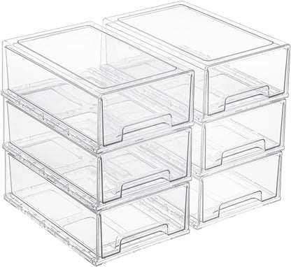 6 Pack Stackable Pull-Out Storage Drawers，Plastic Clear Organizer Bins with Handles，Easily Clean for Craft, and Toy Organization，Kitchen Undersink，Cabinet，Fridge，Closet，Pantry，Office，Bathroom