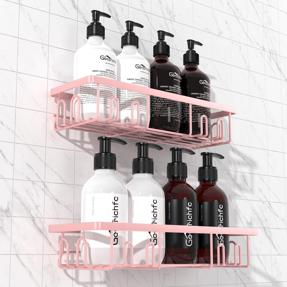 2025 New Adhesive Shower Caddy, Shower Shelves with 16 Hooks, Pink 2 Pack