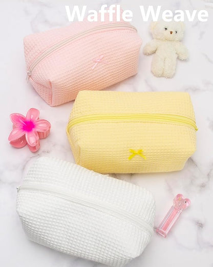 PAZIMIIK Cozy Makeup Bag Travel Cosmetic Bag for Women Soft Toiletry Bag Aesthetic Makeup Organizer Portable Large Zipper Pouch for Skincare Beauty Accessories Brushes Waffle Check Yellow