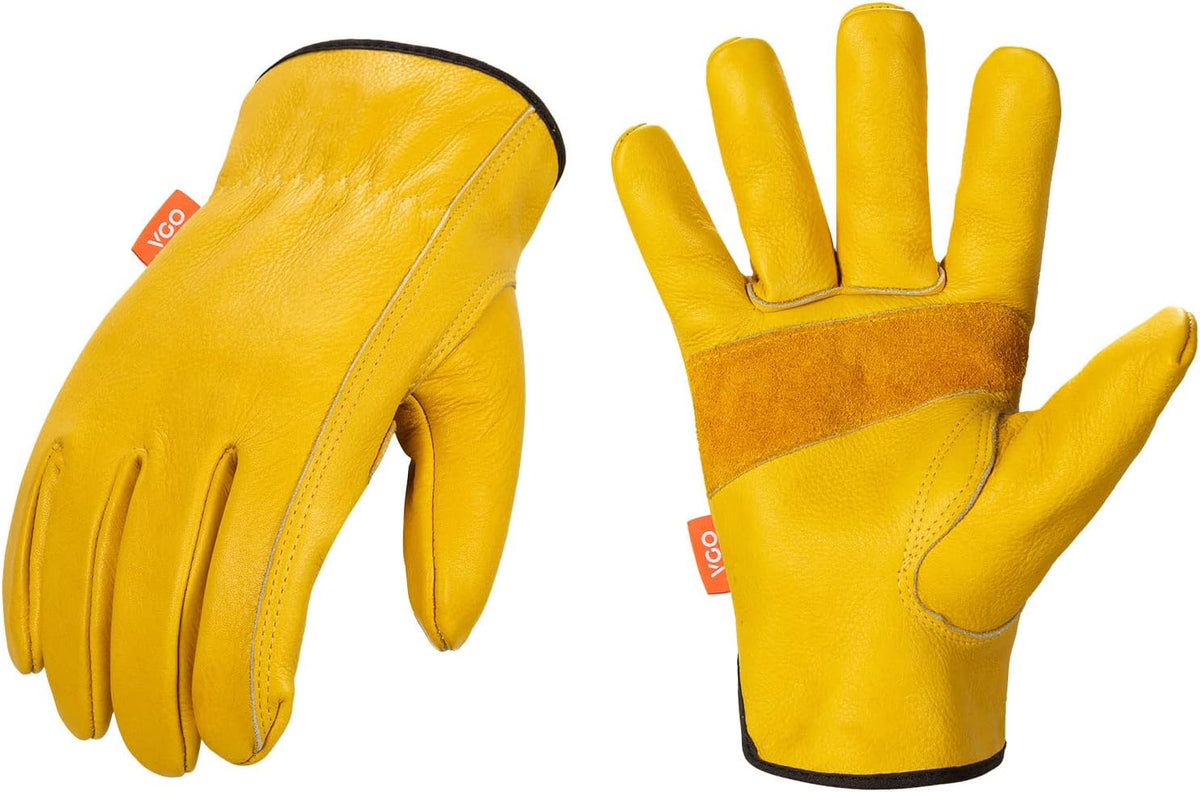 Vgo... 1-Pair Unlined Cow Grain Leather Work and Driver Gloves with Cow Split Leather Palm Patch (Size XL, Gold,CA9590)