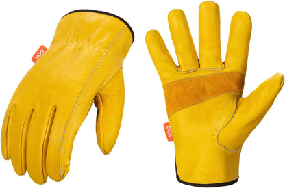 Vgo... 1-Pair Unlined Cow Grain Leather Work and Driver Gloves with Cow Split Leather Palm Patch (Size XL, Gold,CA9590)