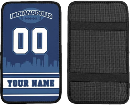 Custom Indianapolis Car Armrest Covers Personalized Football Style with Name Number Customized Auto Center Console Pad Car Handrail Box Cushion for Most Vehicle Decor Accessories, Fans Gift