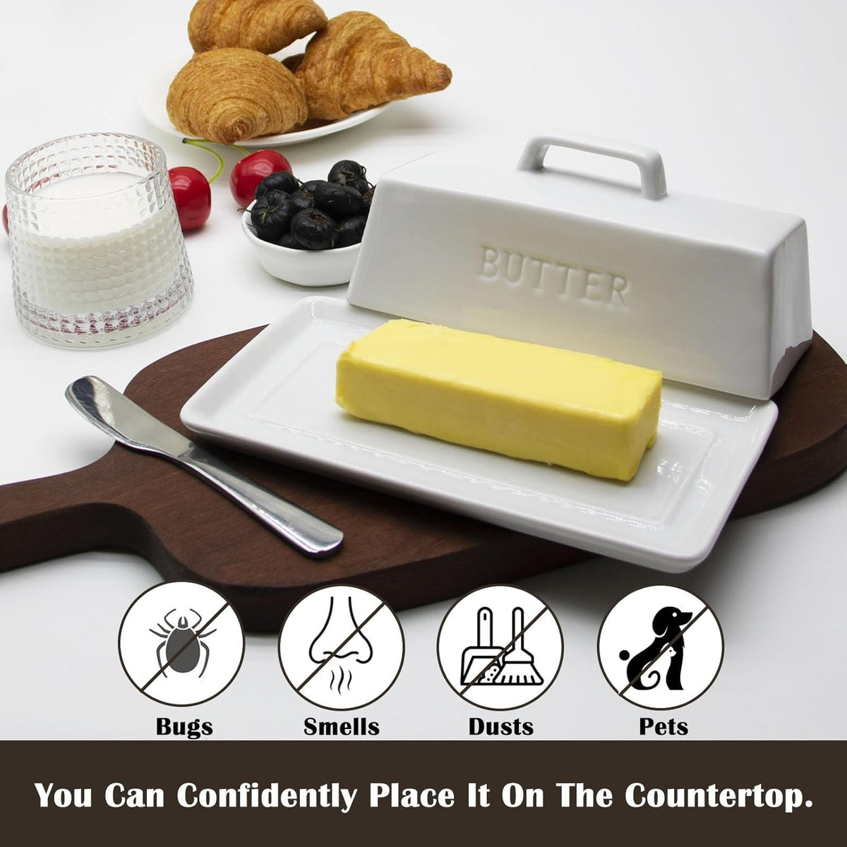Ceramic Butter Dish With Lid for Countertop, Covered Butter Holder With Lid, White Butter Container, Butter Tray With Handle