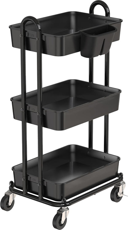 Simple Houseware 3-Tier Multifunctional Rolling Utility Cart with Hanging Bucket, Black