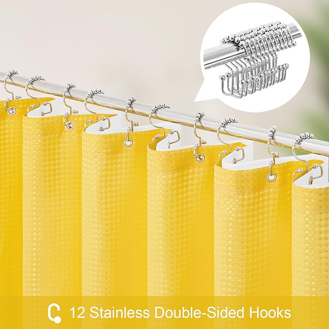 Craidlela 3 in 1 Long Yellow Shower Curtain Set-72 W x 78 H, Modern Waffle and PEVA Liner Set with 12 Stainless Steel Hooks, Waterproof Fabric for Bathroom