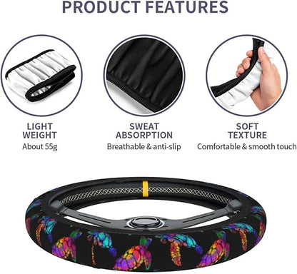Sea Turtle Steering Wheel Cover with 2 Car Coasters Non Slip Neoprene for Women Men Universal 15 Inch