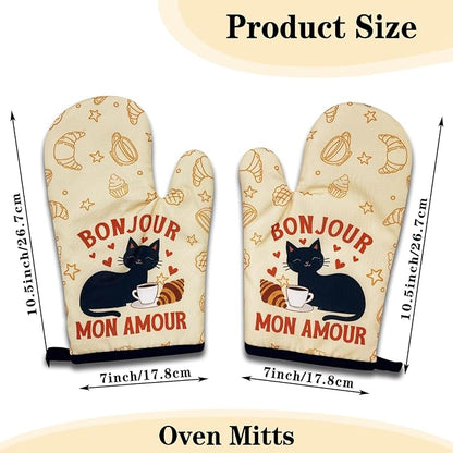 2 Pack Funny Black Cat Oven Mitts, Bonjour Mon Amour, Heat Resistant Silicone Non-Slip Mitts, Christmas Birthday Gifts for Cat Lovers, Sweet Housewarming Gifts for Hostess Mom Wife Friend