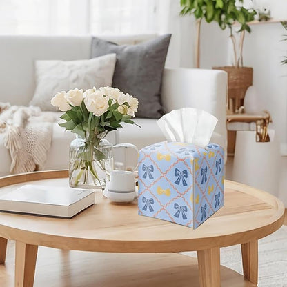 Blue Gingham Bow Tissue Box Cover Square, Vintage Leather Tissue Holder with Bottom Belt, for Nightstands Desks Office Bathroom Car Vanity Home Decor Supplies -007