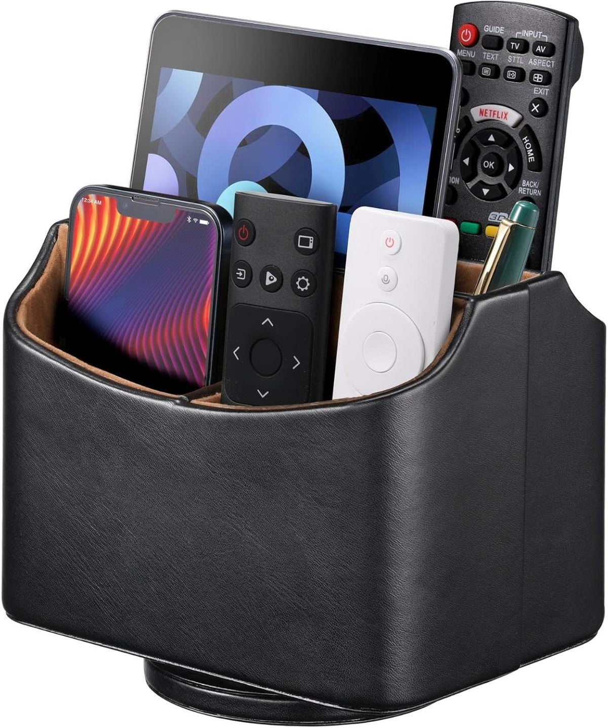Remote Control Holder, Spinning Desk Organizer, Nightstand Bedside Caddy for TV Remotes/Tablets/Phones/Eyeglasses/Books/Pens - Black