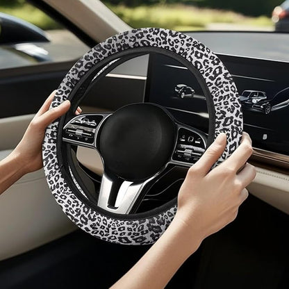 Universal Non-Slip Steering Wheel Cover, 15-inch Polyester Material Driving Accessories, Adjustable for Car and Truck(Artistic Black White Leopard)