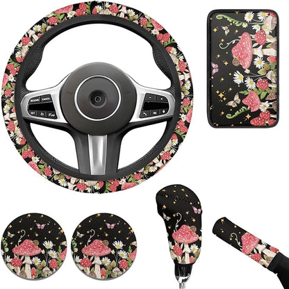 Mushroom Print Car Steering Wheel Cover Set for Men Women Mushroom Car Interior Accessories Cup Coaster Cars Handbrake Cover Universal Fit Truck Van SUV