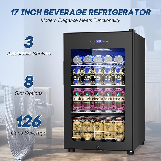 17Inch Beverage Refrigerator and Cooler Freestanding, 96 Cans Mini Fridge