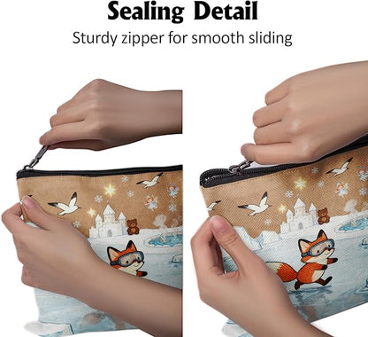 Cafl Fox Ice Skating Makeup Bag Travel Large Fox Cosmetic Bag Organizer toiletry Essentials Jewelry Zipper Bag Gift For Women -10×8 inch