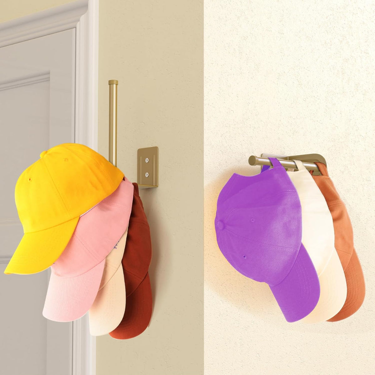 2 Pack Hat Racks for Baseball Caps, Stainless Steel Hat Organizer for Baseball Cap, Hat Holder Storage Organizer, Hat Hanger Strong Adhesive/Wall Drilled for Door, Bedroom, Closet(Gold 6 in)
