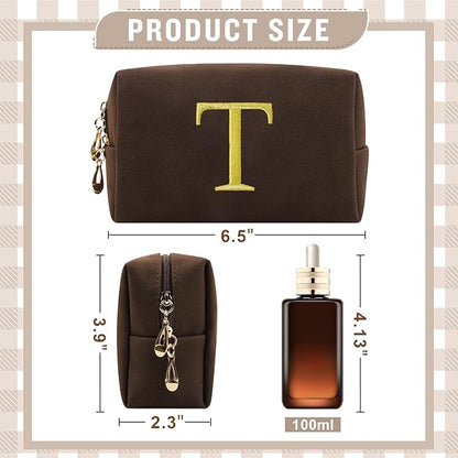 Personalized Initial Makeup Bag,Preppy Suede Cosmetic Bag for Teen Girls,Small Monogram Travel Toiletry Bag With Gold Embroidered Letter,Trendy Stuff Custom Christmas Gift for Women(Coffee-T)