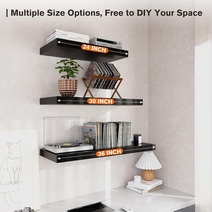 Floating Shelf, Set of 3 Wall Shelf, 24 in W x 12.75 in D x 2 in H Wooden Floating Wall Shelf with Invisible Brackets for Living Room/Bedroom/Bathroom/Kitchen Storage and Decor, Black