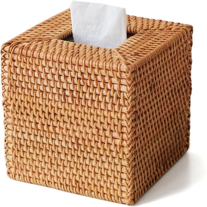 Natural Rattan Tissue Box Cover, Hand Woven Square Wicker Holder for Facial Tissues, Wicker Napkin Holder Ideal for Bathroom Living Room, Tissue Holders Decorative for Kitchen Office and Desk