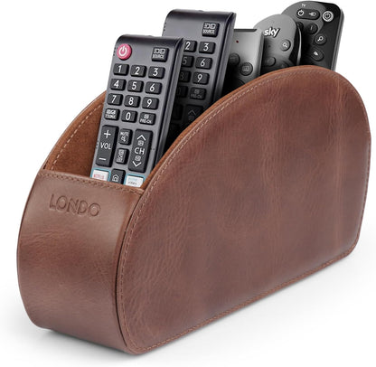 Londo Remote Control Holder with 5 Pockets - Store DVD, Blu-Ray, TV, Roku or Apple TV Remotes - Italian Genuine Leather with Suede Lining - Slim, Compact Living or Bedroom Storage