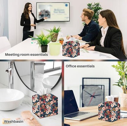 Tissue Box Cover, Tissue Box Holder, Square with Belt Bottom, PU Leather Decorative Organizer for Desk, Table, Countertop Bathroom, Toilet Car, Office, Dresser Bedside, Aesthetic Floral Decor