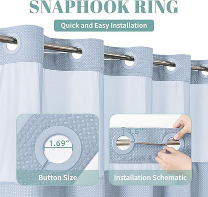 eachope FrostBlue Extra Long No Hook Waffle Weave Shower Curtain with snap-in Liner Replacement, 230GSM Waterproof Fabric Hotel Shower Curtain Set for Bathroom, Through Mesh Top Window,71Wx86H