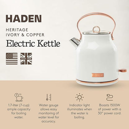 Haden Heritage 1.7 Liter Stainless Steel Electric Kettle, Hot Water Kettle