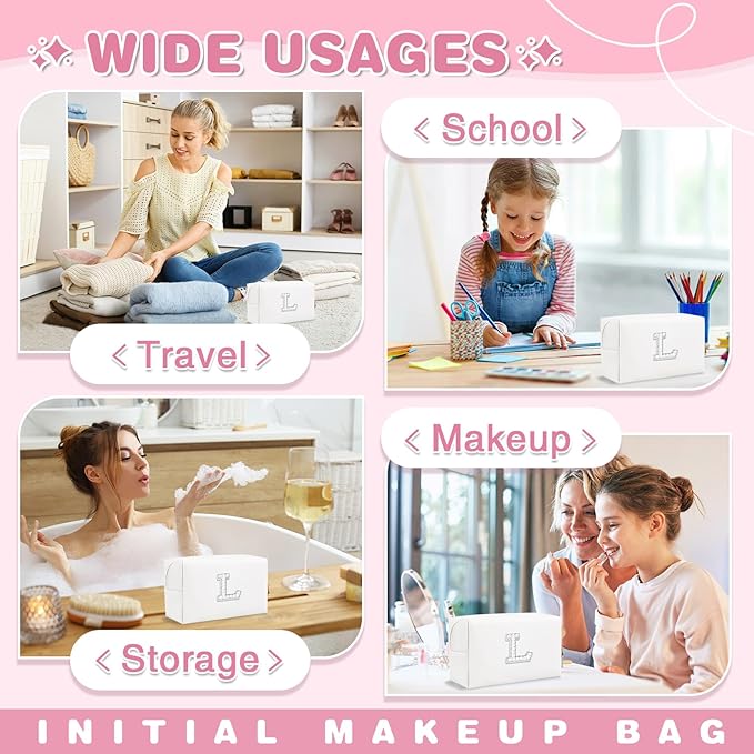 Bride Gifts – Personalized Initial Makeup Bag with Pearl Rhinestone Patch, Preppy White Monogram Cosmetic/Toiletry Pouch, bridesmaid Gifts, Bridal Shower Gifts, Wedding Gifts, Bridal Gifts,L