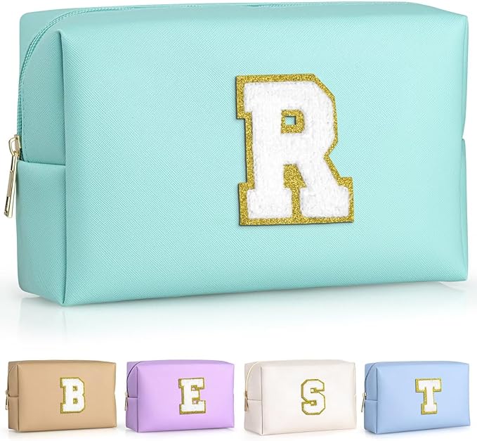 TOPEAST Cosmetic Travel Bags for Women, Preppy Small Makeup Bag, PU Leather Waterproof Toiletry Bag, Unique Friendship Gifts for Friends Coworker, Cute Stuff for Girls (Blue R)