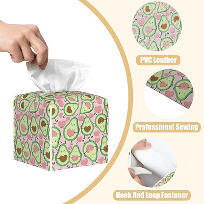 Leather Tissue Box Holder Avocado and Heart Tissue Box Cover Facial Paper Case Organizer Cube Napkin Dispenser for Bathroom Vanity Countertop Night Stand Office Car