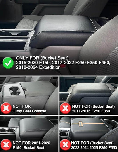 KBH Center Console Armrest Cover for 2015-2020 Ford F150, 2017-2022 F250 F350 F450 F550, 2018-2024 Expedition, Bucket Seat, PU Leather Cushion Thick Pad, Anti-Scratch, Brown (Not for Other Models)