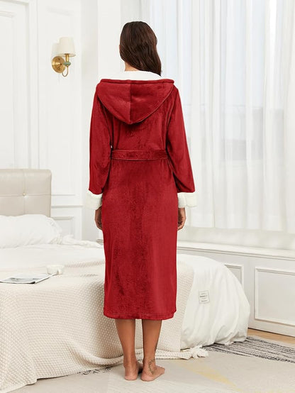 RONGTAI Womens Plush Fleece Hooded Bathrobe, Thick Nightgown Long Robe Sleepwear with Two Side Pockets and Belt