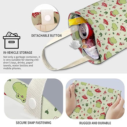 Cute Car Trash Can, Hanging Canvas Car Back Seat Organizer and Storage Bag, Funny Car Trash Bag For Travelling, Outdoor Cute Green Frog Mushroom