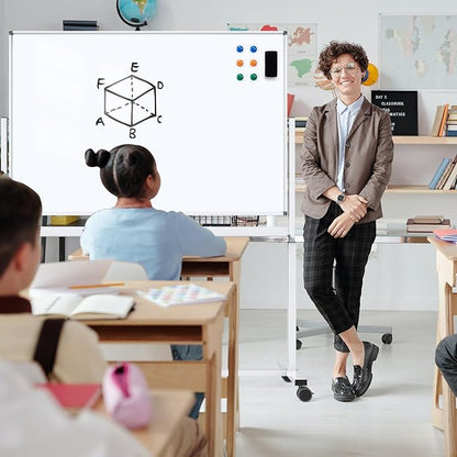 White Board on Wheels, 48 x 32 Inches Height-Adjustable Large Rolling Whiteboard
