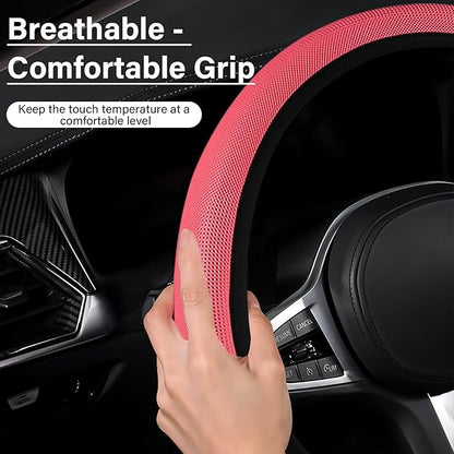 Red Mesh Steering Wheel Cover, Universal 15 inch, Elastic Stretch Microfiber Breathable Ice Silk Cover, Anti-Slip, Odorless, Sweat Absorption, Warm in Winter and Cool in Summer