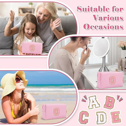 Personalized Initial A-Z Preppy Patch Makeup Bag,Small PU Leather Chenille Letter Cosmetic Bag with Zipper for Teen Girls,Pink Cute Travel Toiletry Bag,Birthday Monogrammed Gift for Daughter,Letter O
