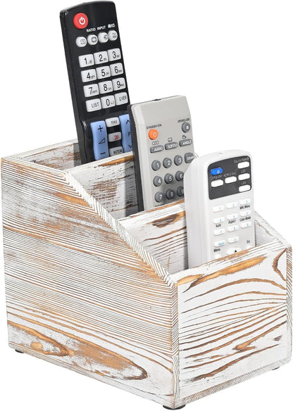 Wooden Remote Control Holder Organizer, 3 Compartment Storage Slots, TV Remote Holder for Table, TV Remote Media Remote Storage Box for Living Room (Vintage White)