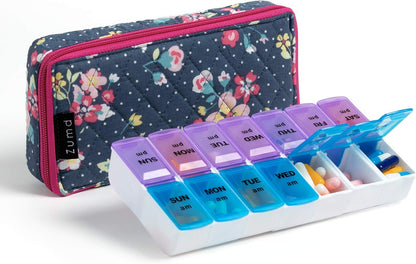 Weekly Pill Organizer 2 Times a Day, Zumd Pill Box 7 Day with Cute Quilted Fabric Zipper Case, Travel Pill Case Am Pm for Vitamin Medicine Organizer