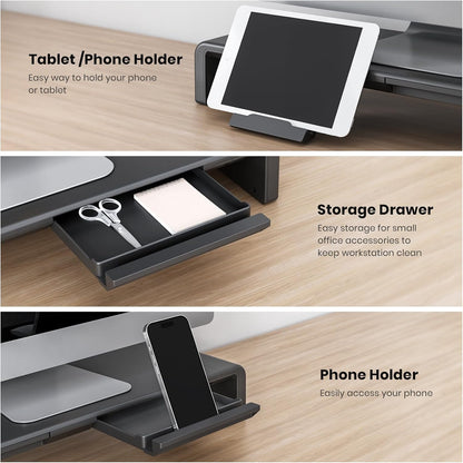 Monitor Stand Riser, Klearlook Foldable Computer Monitor Riser,Height Adjustable Computer Stand, Desk Shelf Riser with Storage Drawer & Tablet Phone Stand for Computer, Desktop, Laptop (Black)