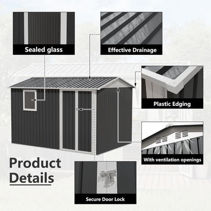 KEIKI 9x6 FT Metal Storage Shed with Window, Large Outdoor Backyard Shed for Tools & Equipment, Durable Galvanized Steel Garden Shed for Patio or Tiny House Use, Gray