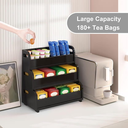 Wisuce Tea Holder for Tea Bags Organizer - Black Bamboo Tea Organizer for Tea Bags 3-Tier Stackable Wall Mount Large Capacity Tea Storage Box to Pantry Countertop Kitchen Office