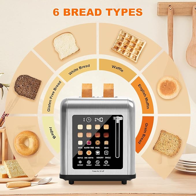 2 Slice Toaster Touch Screen, Stainless Steel Toasters Digital Timer 2 Slot
