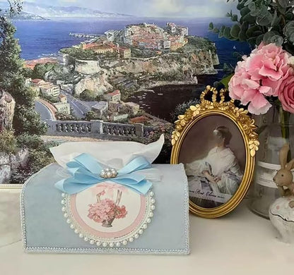 Tissue Cover Holder Fabric Art Cute Tissue Box Cover Dispenser Napkin Organizer for Bathroom Bedroom Office and Car (C - Light Blue)
